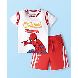 Babyhug Marvel Single Jersey Knit Half Sleeves T-Shirt & Shorts Set with Spiderman Graphics - White & Red