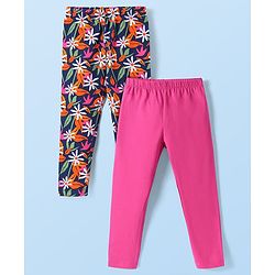 Babyhug Cotton Lycra Knit Full Length Leggings With Floral Print Pack of 2 - Navy Blue & Dark Pink