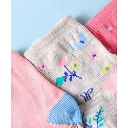 Cute Walk by Babyhug Knit Ankle Length Antibacterial Anti Skid Socks with Bunny Floral & Polka Dots Design Pack of 3 - Pink & Grey