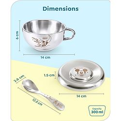 Babyhug Disney Mickey Mouse Steel Feeding Bowl with Spoon and Lid| Easy to Clean & Maintain| Encourage Self Feeding| Laser Print| Dishwasher Safe| Gifting Option Silver - 300 ml