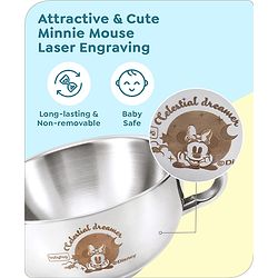 Babyhug Disney Mickey Mouse Steel Feeding Bowl with Spoon and Lid| Easy to Clean & Maintain| Encourage Self Feeding| Laser Print| Dishwasher Safe| Gifting Option Silver - 300 ml