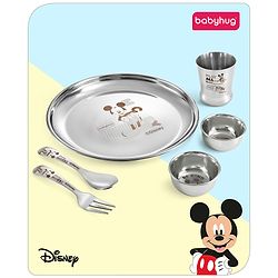 Babyhug Disney Mickey Mouse Stainless Steel Dinner Set Round - 6 Pieces| Easy to Clean & Maintain| Encourage Self Feeding| Laser Print| Dishwasher Safe| Gifting Option - Silver