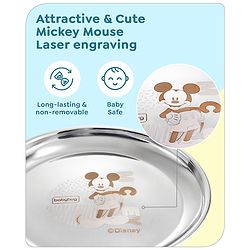 Babyhug Disney Mickey Mouse Stainless Steel Dinner Set Round - 6 Pieces| Easy to Clean & Maintain| Encourage Self Feeding| Laser Print| Dishwasher Safe| Gifting Option - Silver