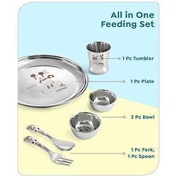 Babyhug Disney Mickey Mouse Stainless Steel Dinner Set Round - 6 Pieces| Easy to Clean & Maintain| Encourage Self Feeding| Laser Print| Dishwasher Safe| Gifting Option - Silver