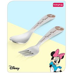 Babyhug Disney Mickey Mouse Stainless Steel Fork & Spoon Set | Easy to Clean & Maintain| Encourage Self Feeding| Laser Print| Dishwasher Safe| Gifting Option - Silver