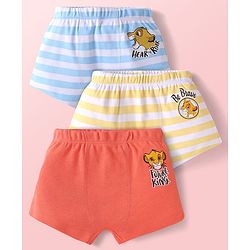 Babyhug Disney Single Jersey Knit Mid Thigh Trunks with Lion King Graphics & Stripes Pack of 3 - Orange Yellow & Blue