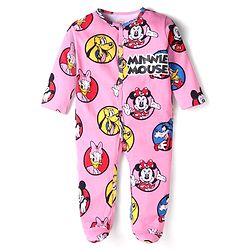 Babyhug Disney Interlock Knit Full Sleeves Footed Sleep Suit With Minnie Mouse & Family Graphics - Pink