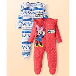 Babyhug Disney Interlock Knit Full Sleeves Footed Sleep Suits With Minnie Mouse Graphics Pack of 2 - Red & White