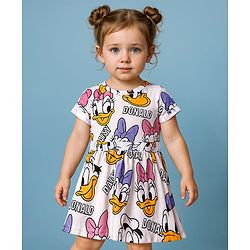 Babyhug Disney Single Jersey Knit Half Raglan Sleeves Frocks With Daisy Duck Print - White