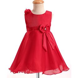 Babyhug Woven Sleeveless Party Dress with Floral & Bow Applique - Red