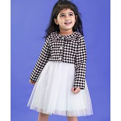 Babyhug Woven Party Dress & Full Sleeves Checks Shrug With Peter Pan Collar & Bow Applique - White & Black