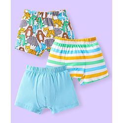 Babyhug 100% Cotton Knit Trunks with Stripes & Animal Print Pack of 3 - Light Blue & White