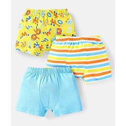 Babyhug 100% Cotton Knit Trunks With Stripes & Alphabet Print Pack of 3 - Blue & Yellow