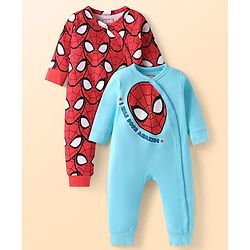 Babyhug Marvel Interlock Knit Full Sleeves Rompers With Spider-Man Graphics Pack of 2 - Light Blue & Red