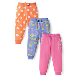 Babyhug Single Jersey Full Length Lounge Pants with Bow Applique Polka Dots & Floral Print Pack of 3 - Pink Blue & Orange