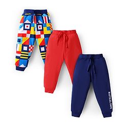 Babyhug Single Jersey Knit Full Length Lounge Pant with Geometric & Text Print Pack of 3 - Red & Navy Blue