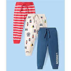 Babyhug Single Jersey Knit Full Length Lounge Pants with Stripes & Vehicle Print Pack Of 3 - Red White & Navy Blue