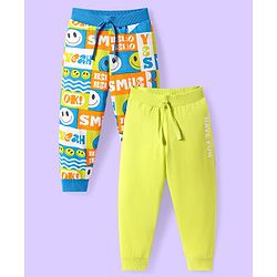 Babyhug Single Jersey Knit Full Length Lounge Pants with Smiley Print Pack of 2 - Yellow & Blue