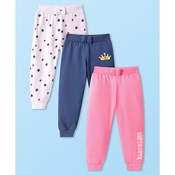 Babyhug Single Jersey Knit Full Length Stars & Text Printed Lounge Pants with Bow Applique Pack of 3 - White Navy Blue & Pink