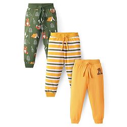 Babyhug Single Jersey Knit Full Length Lounge Pants with Stripes Animal & Text Print Pack Of 3 - Yellow & Olive Green