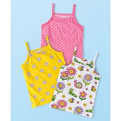 Babyhug 100% Cotton Knit Singlet Sleeves Slips with Floral Print & Polka Dots Pack of 3 - Yellow Pink & White