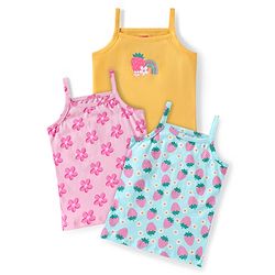 Babyhug 100% Cotton Knit Singlet Sleeves Floral & Strawberry Printed Slips Pack of 3 - Blue Yellow & Pink