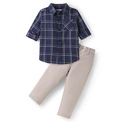 Babyhug Cotton Woven Full Sleeves Checkered Shirt & Solid Trouser Set - Navy Blue & Beige