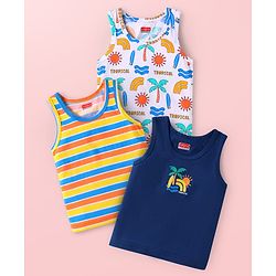 Babyhug Cotton Knit Sleeveless Beach Theme Printed Vests Pack of 3 - Navy Blue Yellow & White