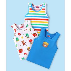 Babyhug 100% Cotton Knit Sleeveless Striped Sando with Bear Print Pack of 3- Blue & White