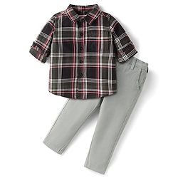 Babyhug Cotton Woven Full Sleeves Checkered Shirt & Solid Denim Jeans Set - Maroon & Olive