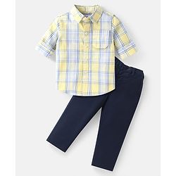 Babyhug Cotton Woven Full Sleeves Checks Shirt & Trouser Set - Yellow & Navy Blue