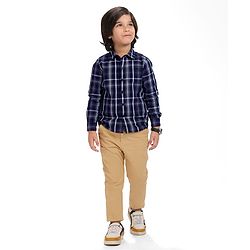 Babyhug Cotton Woven Full Sleeves Checks Shirt & Trouser Set - Navy Blue & Khaki