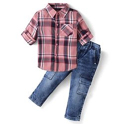Babyhug Cotton Full Sleeves Checks Shirts & Jeans Set with Pockets - Pink Navy Blue