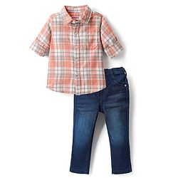 Babyhug Cotton Woven Full Sleeves Checks Shirt & Denim Jeans Set - Peach & Blue