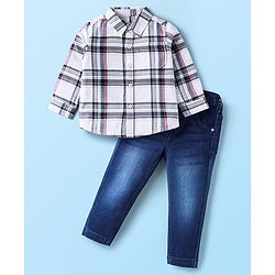 Babyhug Cotton Woven Full Sleeves Checkered Shirt & Solid Denim Jeans Set - White & Blue