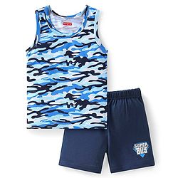Babyhug 100% Cotton Knit Camouflage Printed Sleeveless Sando & Shorts Set - Navy Blue