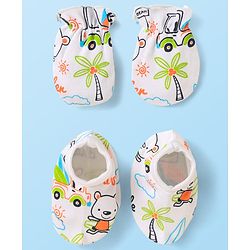 Babyhug 100% Cotton Knit Mittens & Booties With Animal Print - White