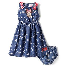 Babyhug Disney Cotton Knit Sleeveless Frock with Bloomer & Minnie Mouse Print Bow Detailing - Navy Blue
