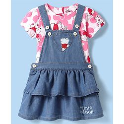 Babyhug Disney Single Jersey Knit Denim Frock & Half Sleeves Top with Winnie the Pooh Graphics - Navy Blue
