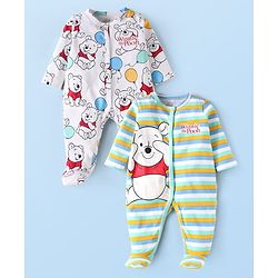 Babyhug Disney Interlock Knit Full Sleeves Footed Sleep Suits With Winnie The Pooh Graphic Pack Of 2 - White & Green