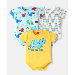 Babyhug 100% Cotton Knit Half Sleeves Striped & Sea Animals Printed Onesies Pack of 3 - Yellow Light Blue & White