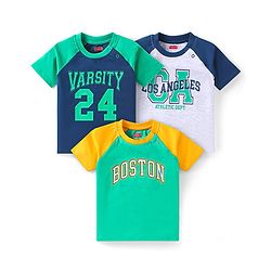 Babyhug Cotton Knit Half Raglan Sleeves T-Shirt with Text Print Pack 3 - Navy Blue & Light Green