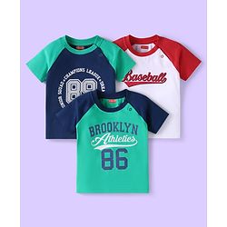 Babyhug Cotton Knit Half Raglan Sleeves T-Shirts With Text Print Pack of 3 - Sea Green Navy Blue & White