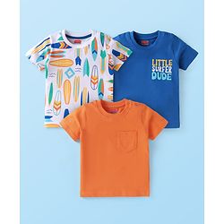 Babyhug Cotton Knit Half Sleeves T-Shirts With Surfing Print Pack of 3 - Orange Blue & White
