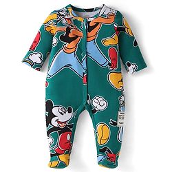 Babyhug Disney Interlock Knit Full Sleeves Footed Sleepsuit With Mickey & Friends Print - Dark Green