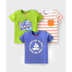 Babyhug Cotton Knit Half Sleeves T-Shirt with Stripes & Just Travel Text Print Pack Of 3 - White Blue & Neon Green