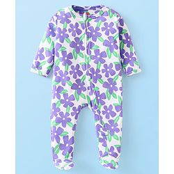 Babyhug Cotton Knit Full Sleeves Footed Sleepsuit with Floral Print - Lavender
