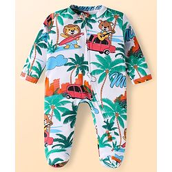 Babyhug Cotton Knit Full Sleeves Footed Sleep Suit With Animals & Vehicle Print - White & Green