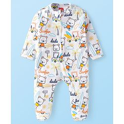 Babyhug Cotton Knit Full Sleeves Footed Sleepsuit with Beach Theme Print - White