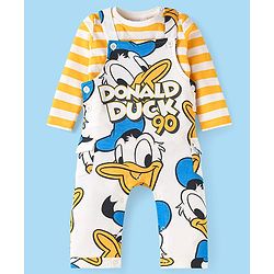 Babyhug Disney Single Jersey Knit Full Sleeves Stripeed Dungaree Style Romper with Donald Duck Print - White & Yellow